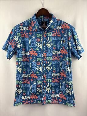 Men’s Hinano Tahiti Medium Blue Hawaiian Patterned Button Up
